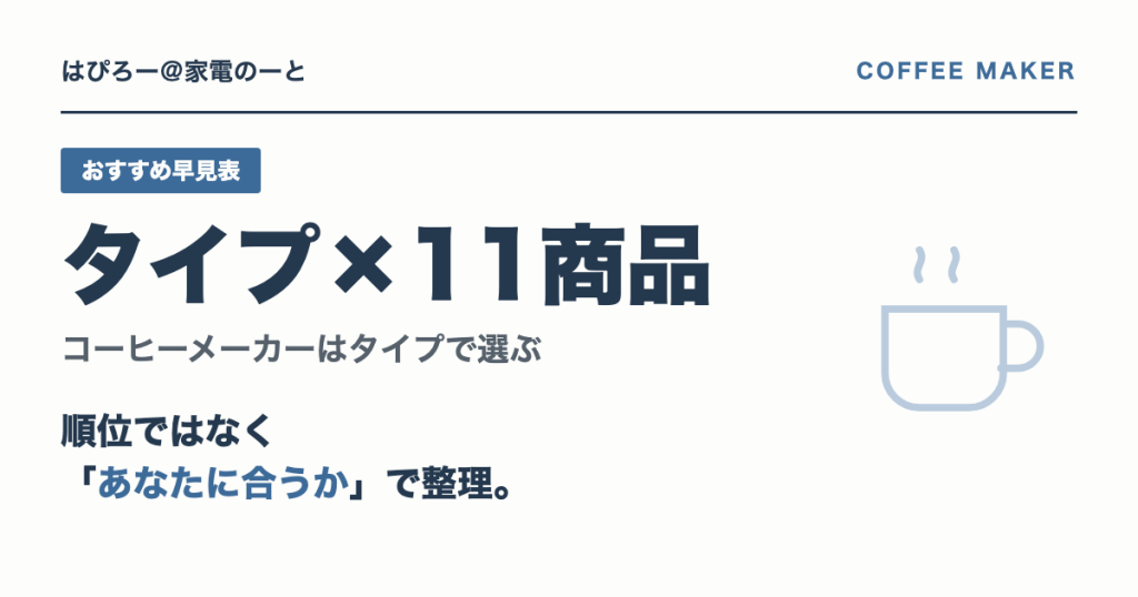 コーヒーメーカーはタイプで選ぶ — あなたの候補を絞る(11商品版)